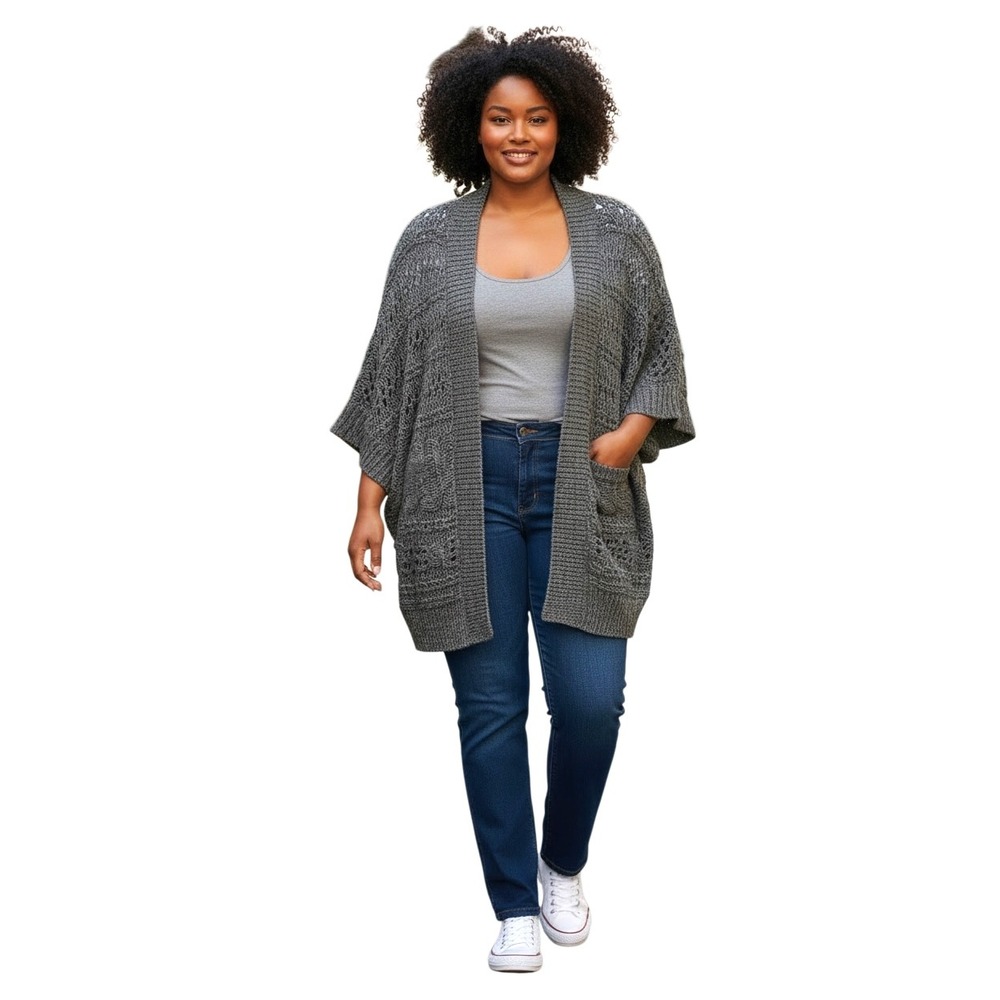Old Navy Womens Gray Wool Blend Pointelle Cable Knit Cocoon Cardigan XL XXL